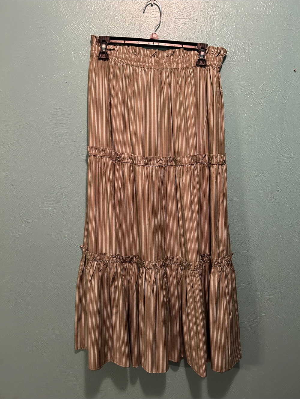 Tuckernuck Striped Tiered Maxi Skirt in Taupe and Cream
